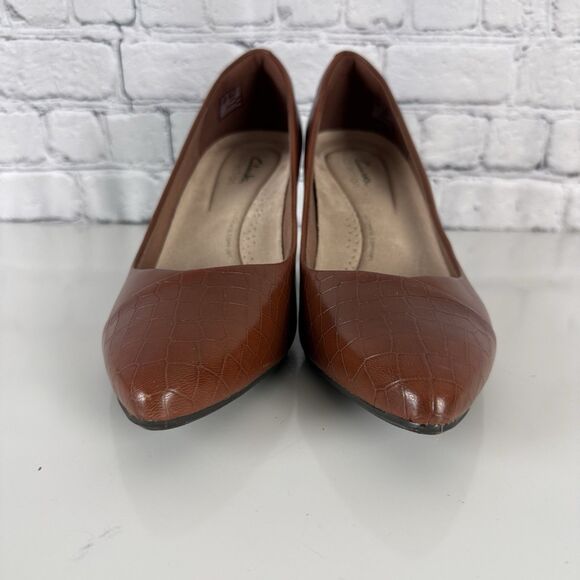 Clarks Kataleyna Rose Pump Brown Croc Leather Slip On Low Flared Heel Women 10 W - Picture 6 of 15